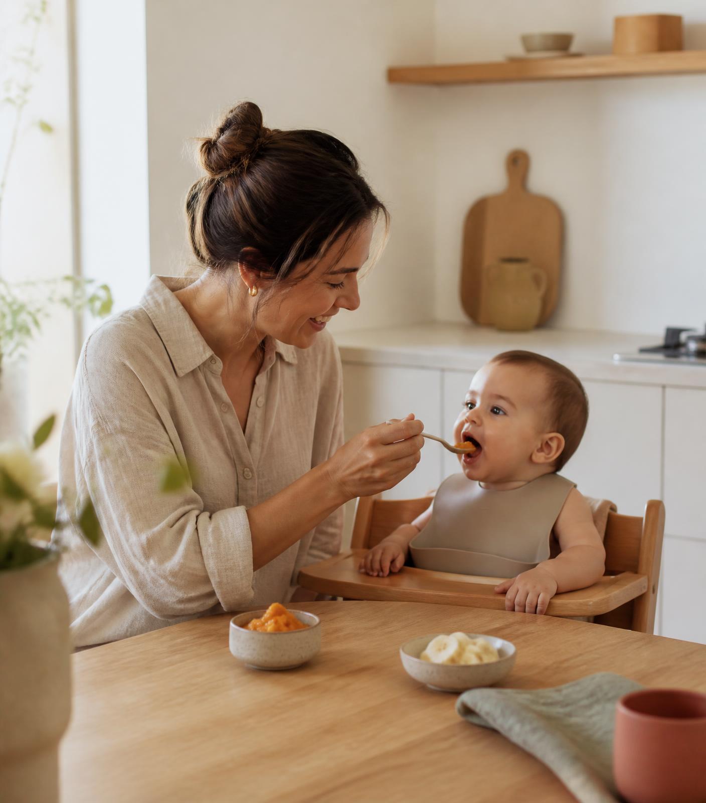 Mãe oferecendo purê de abóbora para seu bebê em uma cozinha iluminada