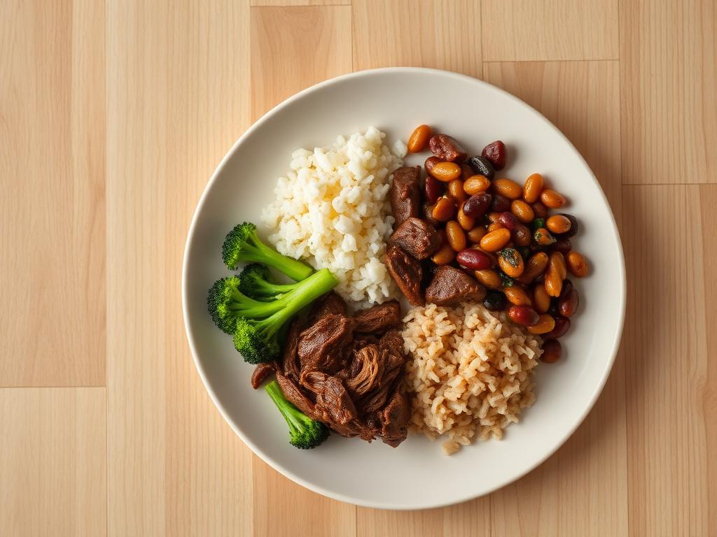 Prato da família adaptado para o bebê, com arroz, feijão, carne desfiada e brócolis